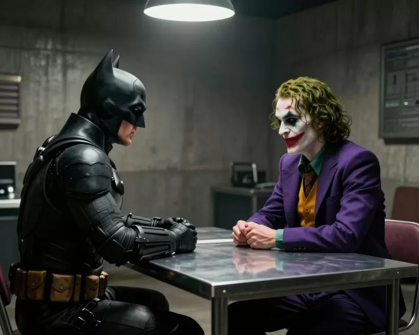 Batman and Joker facing each other in an interrogation scene