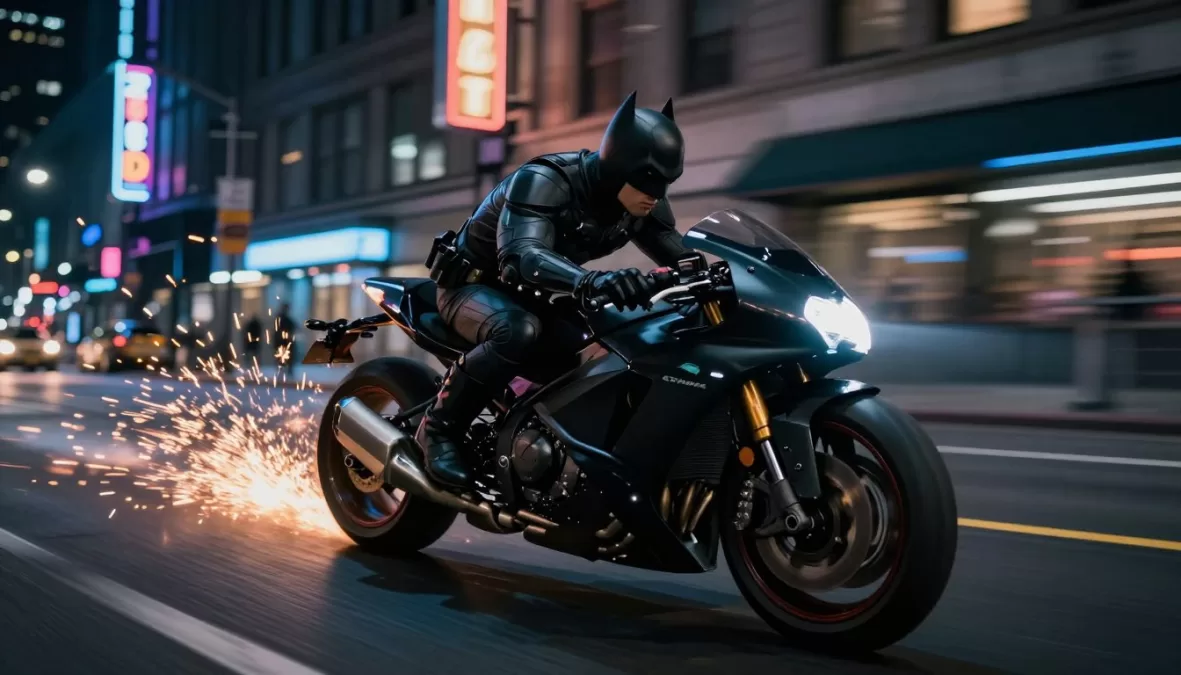 Batman riding the Batpod motorcycle through Gotham streets at night