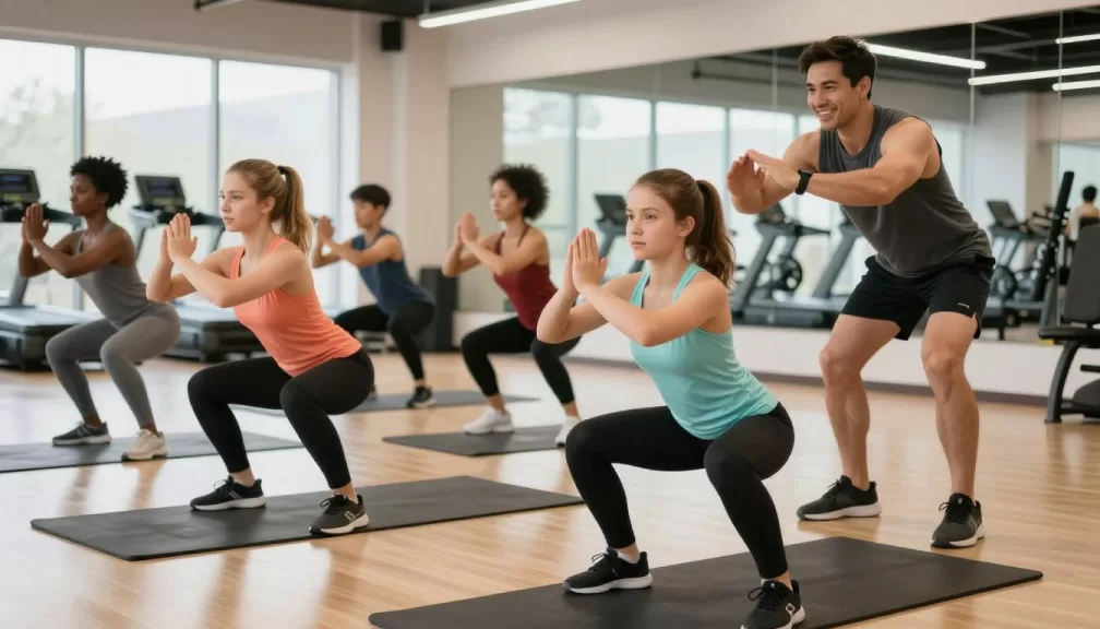 Beginner performing basic fitness exercises in modern gym setting with trainer guidance