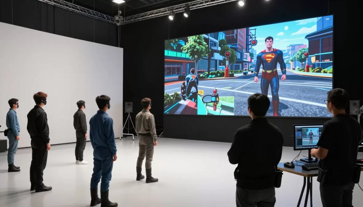 Behind the scenes showing advanced filmmaking technology for superhero productions