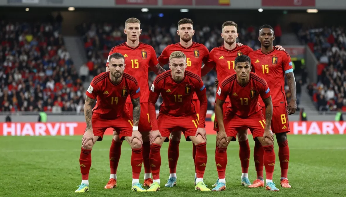 Belgium national soccer team in red jerseys during world cup qualification match