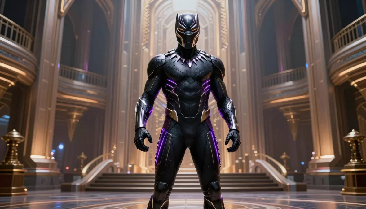 Black Panther in his vibranium suit standing in the royal palace of Wakanda