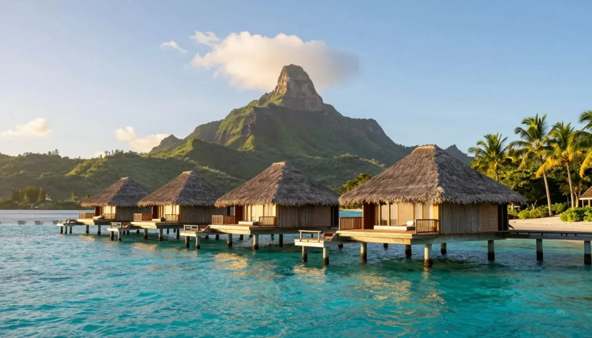 Bora Bora overwater bungalows with Mount Otemanu in background