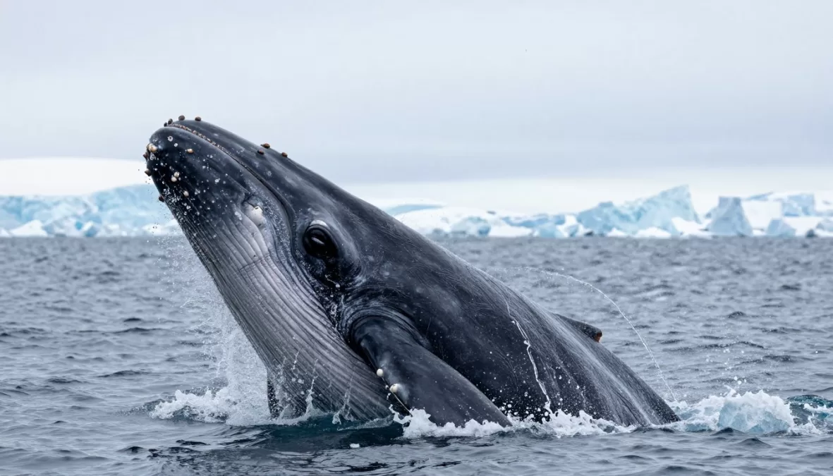 Bowhead whale breaching in Arctic waters showing massive head and body