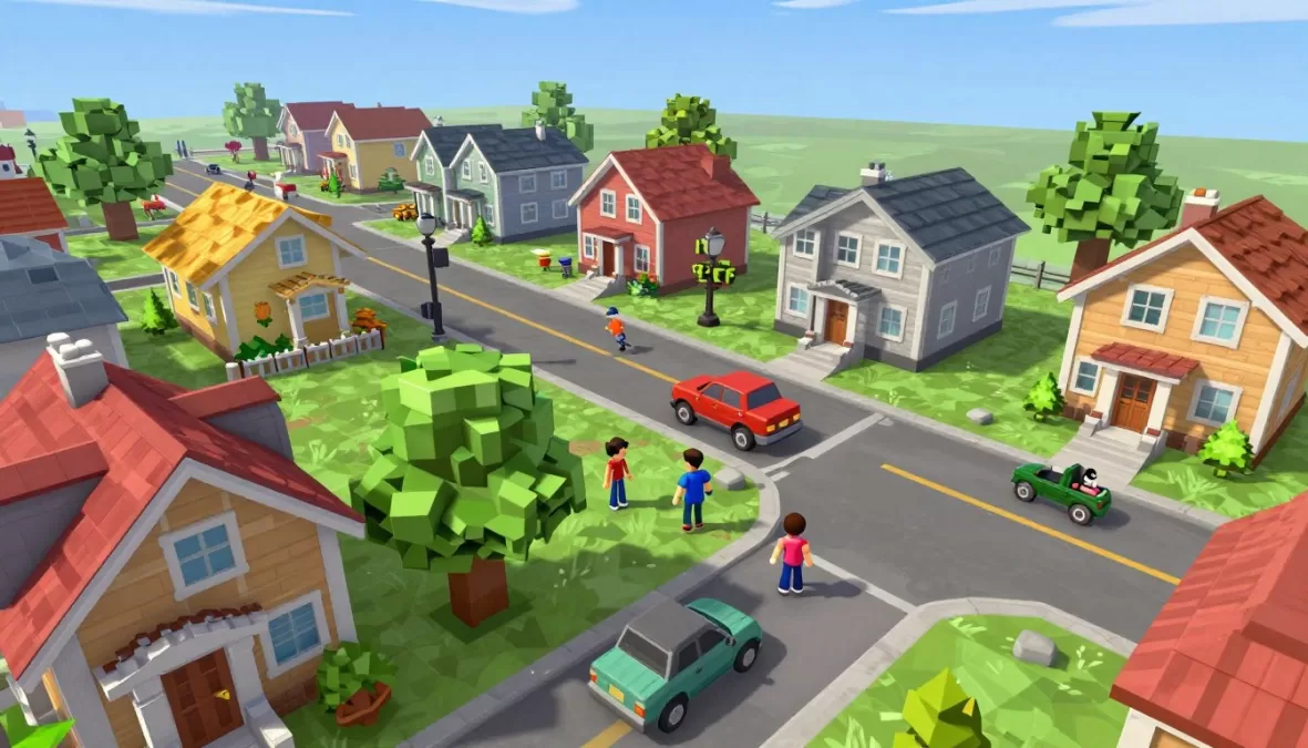 Brookhaven roleplay town environment with customizable houses and vehicles