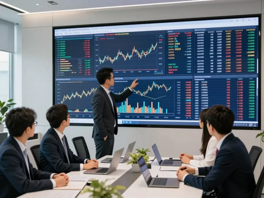 Business analysts reviewing global retail revenue data and market reports