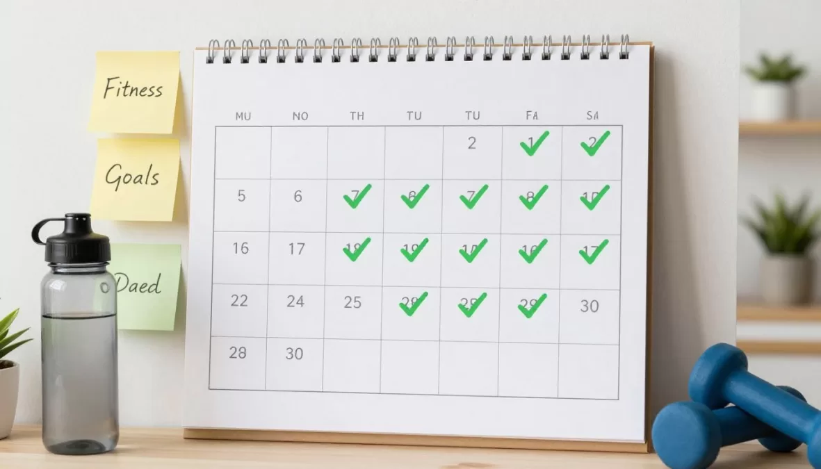 Calendar showing consistent workout schedule with checkmarks for completed sessions