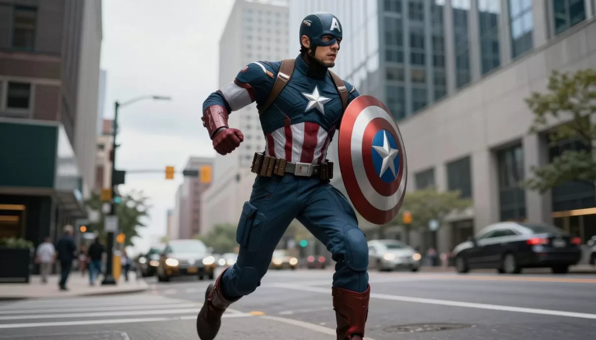 Captain America with his shield running through modern Washington DC