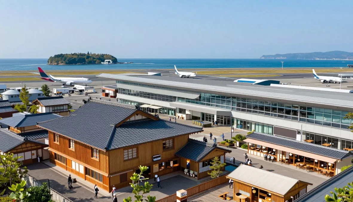 Centrair Nagoya Airport terminal with traditional Japanese bath house and ocean views from island location