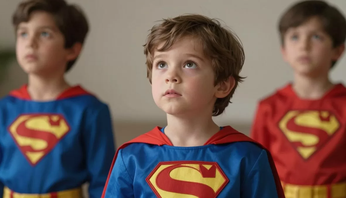 Child dressed as their favorite superhero looking up with wonder and inspiration