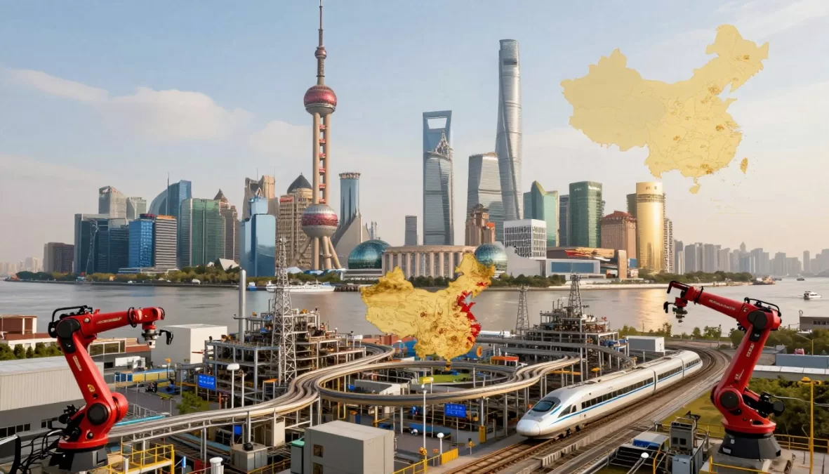 China economy showing GDP growth, manufacturing sector, technological advancement, and major Chinese cities skyline