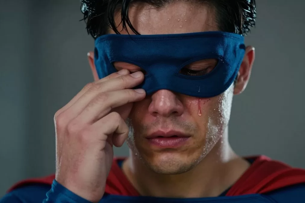 Close-up emotional moment of a superhero removing their mask showing vulnerability