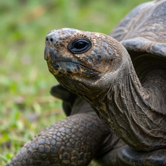 Close-up of Galapagos giant tortoise head showing ancient features and wrinkled skin