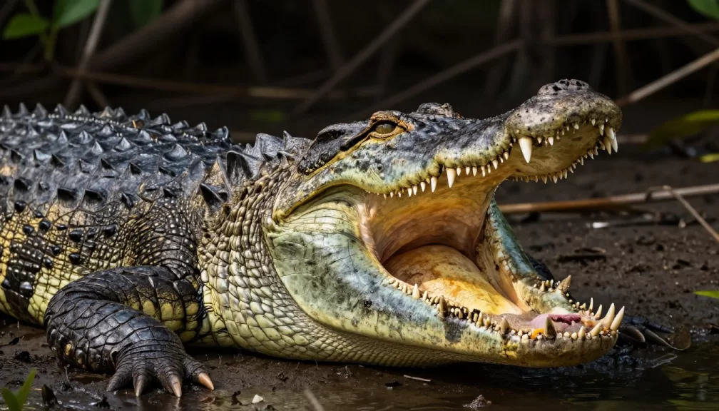 Close-up of a saltwater crocodile opening its powerful jaws showing rows of sharp teeth