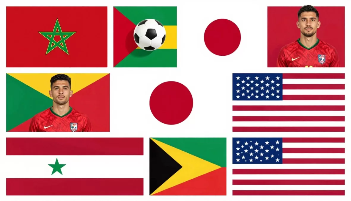 Collage of emerging soccer nations flags and players at world cup