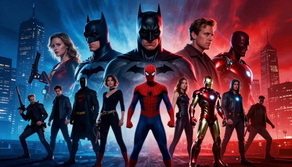 Collage of iconic superhero movies featuring masked heroes and epic action scenes