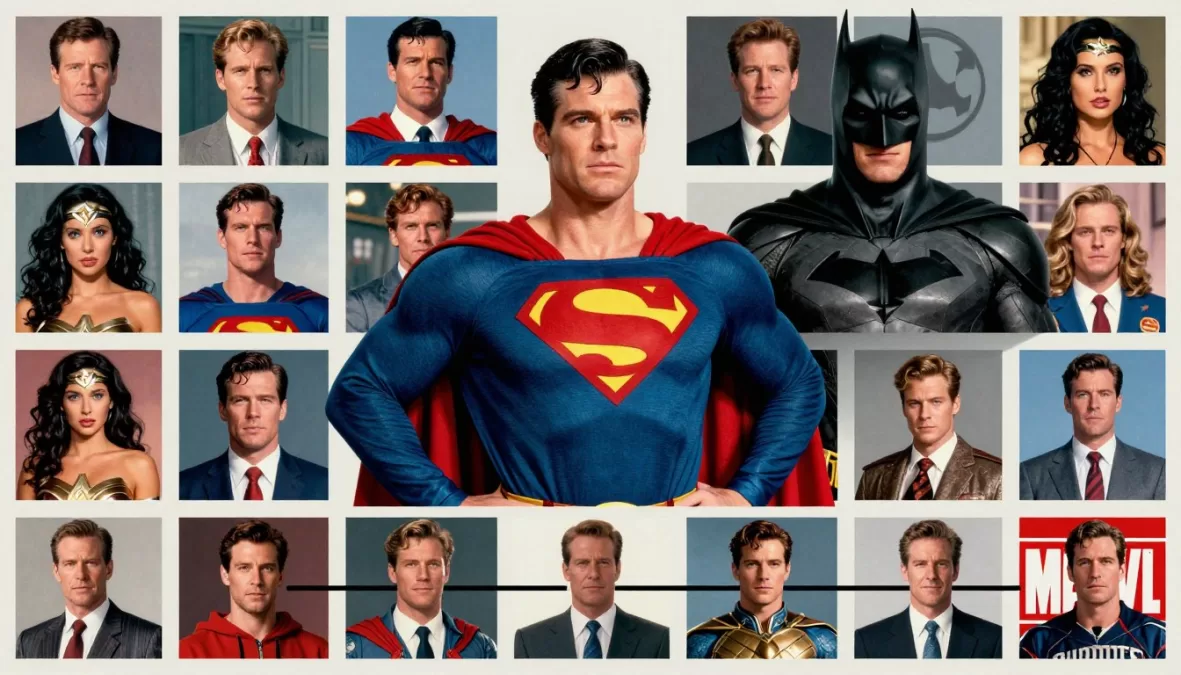 Collage showing various superhero movie moments throughout cinema history