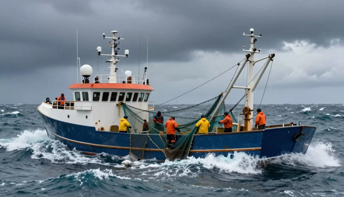 Commercial fishing vessel in rough seas with crew working