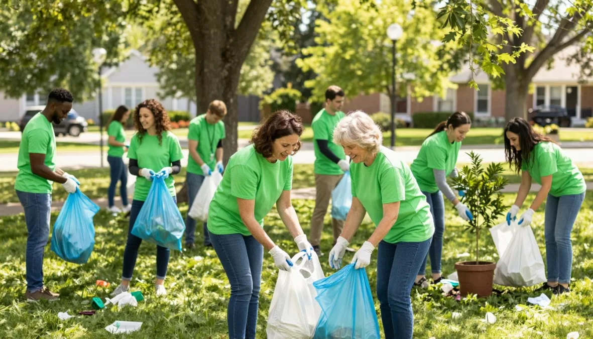 Community members participating in neighborhood cleanup event