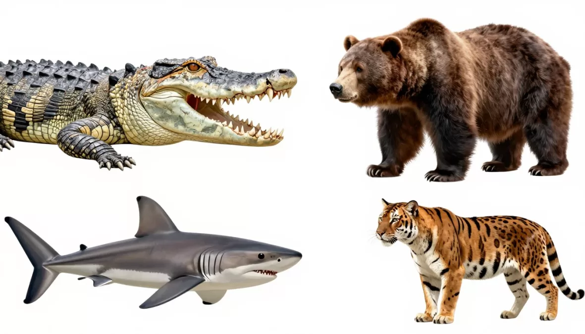 Comparison illustration showing skull structures of different predators with powerful bites