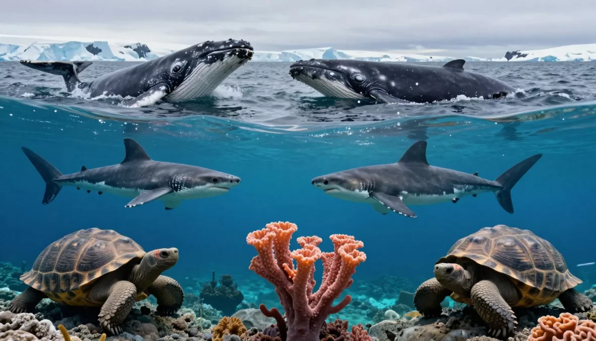 Composite image showing various longest-living animals in their natural habitats