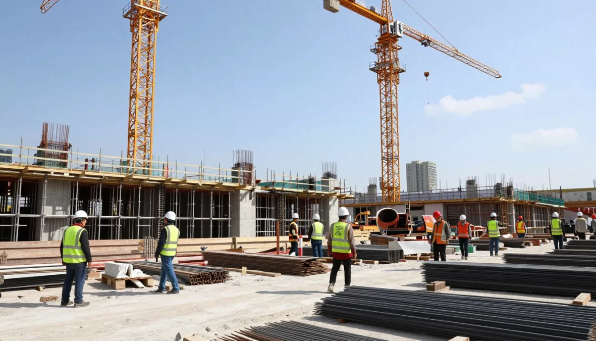 Construction workers on active building site with multiple hazards