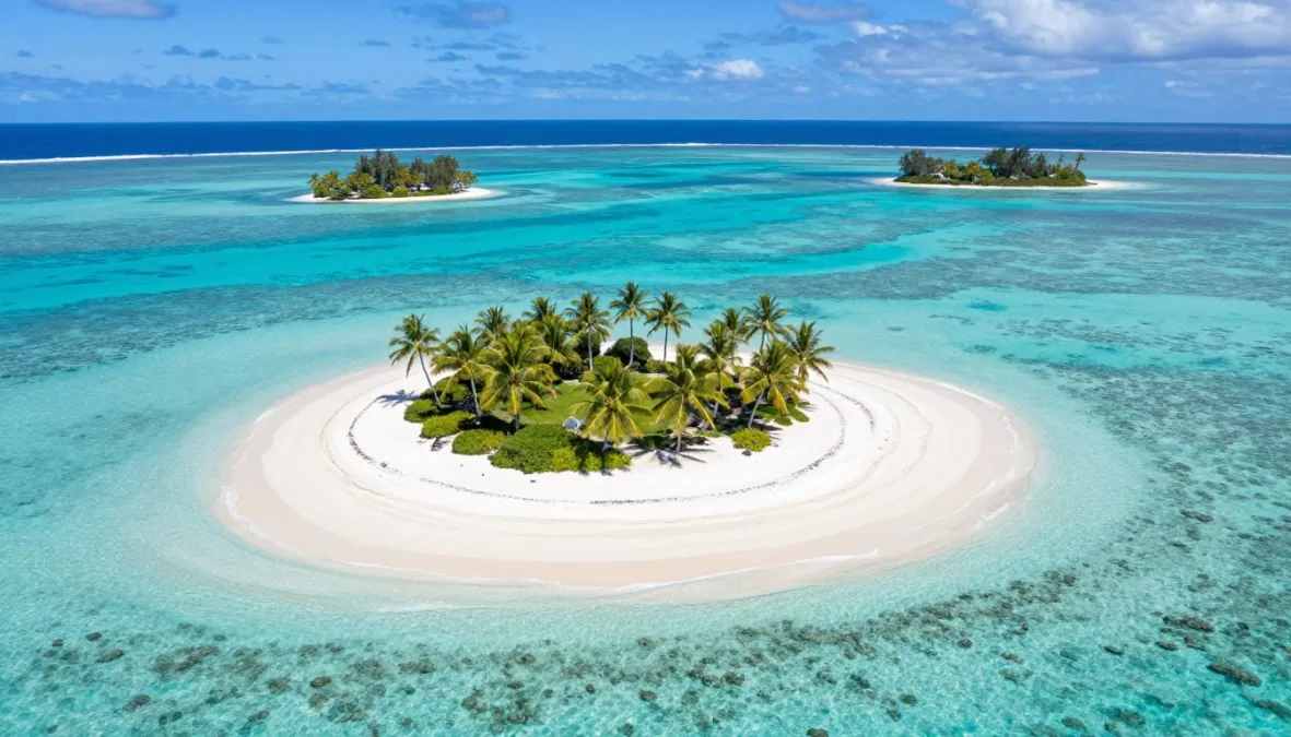 Cook Islands Aitutaki lagoon with turquoise water and white sand motus