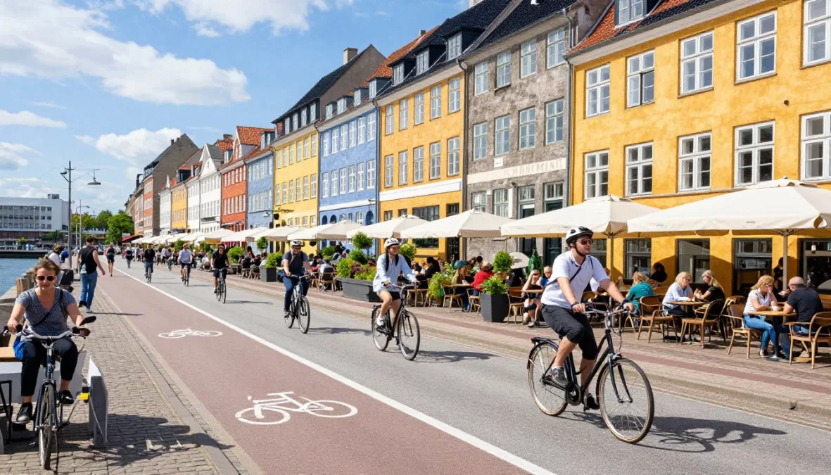 Copenhagen street scene with cyclists, clean architecture, and sustainable urban design