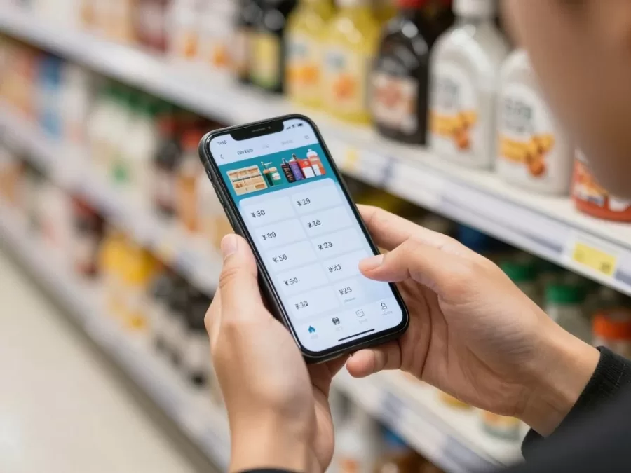 Customer using smartphone app while shopping in retail store