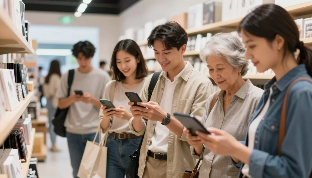 Diverse group of consumers shopping with modern technology