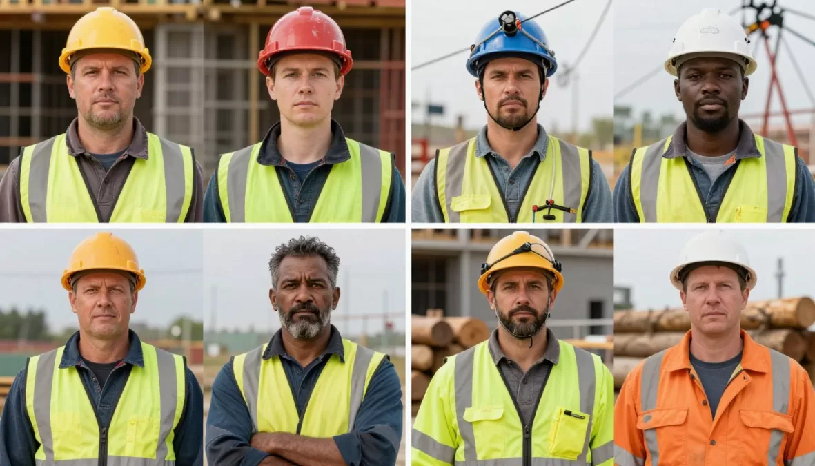 Diverse group of workers in various dangerous occupations