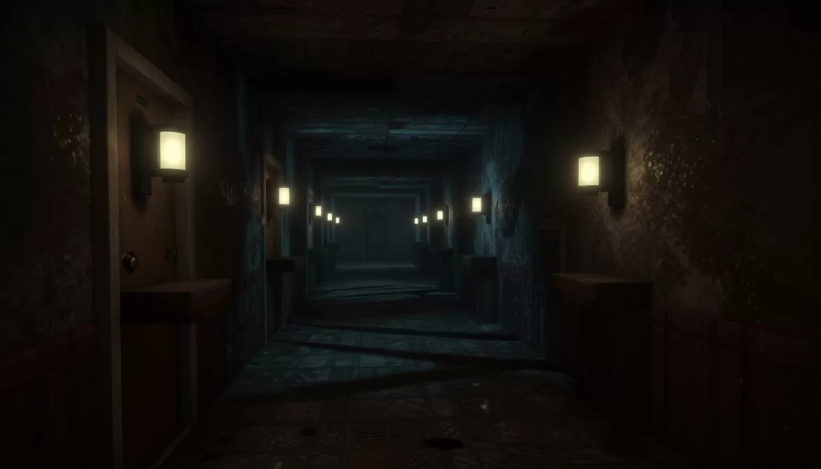 Doors horror game atmospheric corridor with mysterious entities and suspenseful lighting
