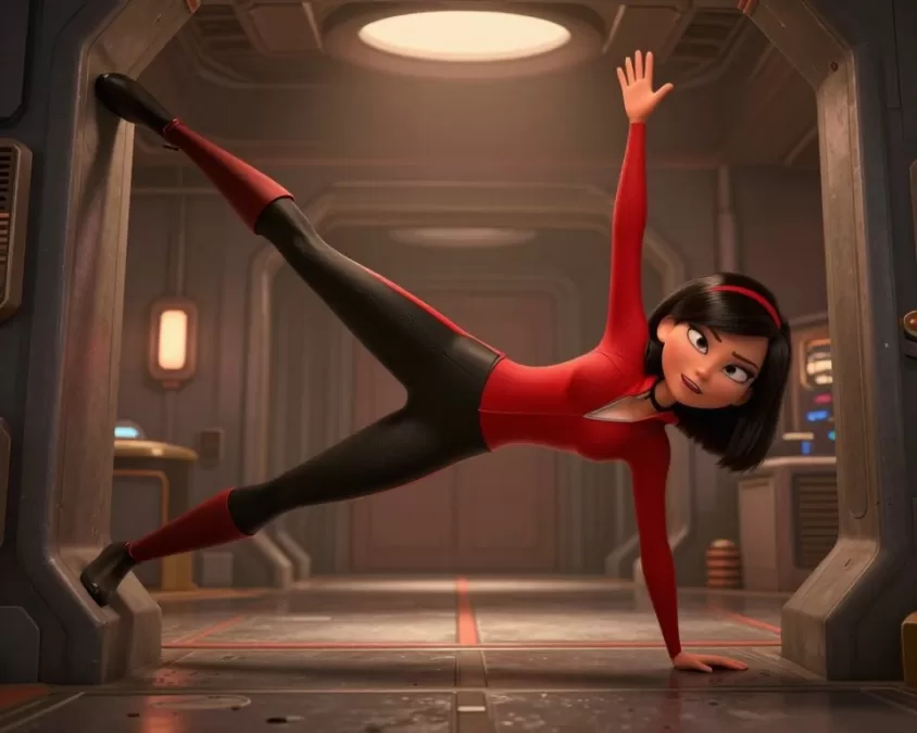 Elastigirl Helen Parr stretching her powers in action sequence