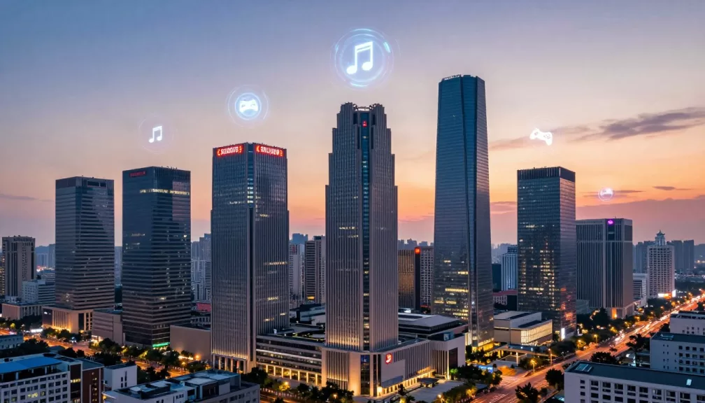 Entertainment companies global headquarters skyline with media technology icons