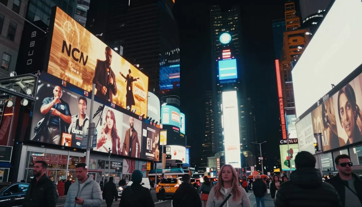Entertainment companies logos and brands displayed on digital billboard in Times Square New York