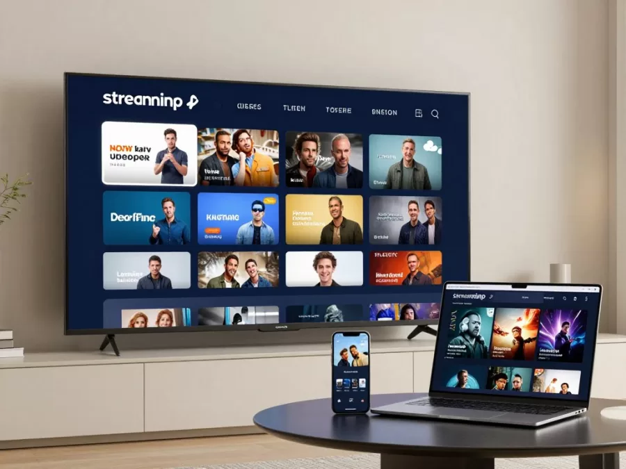 Entertainment companies streaming service interface on multiple devices showing video content