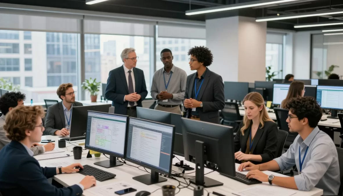 Entertainment industry professionals working in modern New York production office