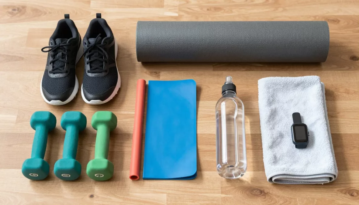 Essential beginner fitness equipment including shoes dumbbells yoga mat and water bottle