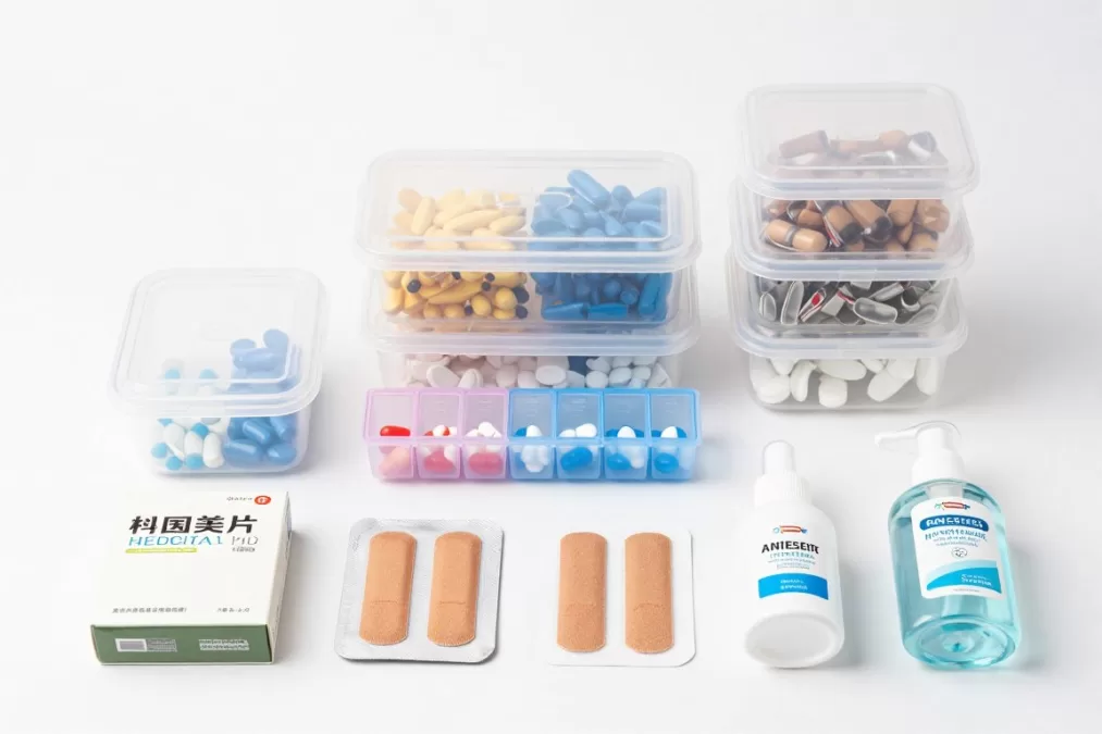 Essential travel medications organized in clear containers