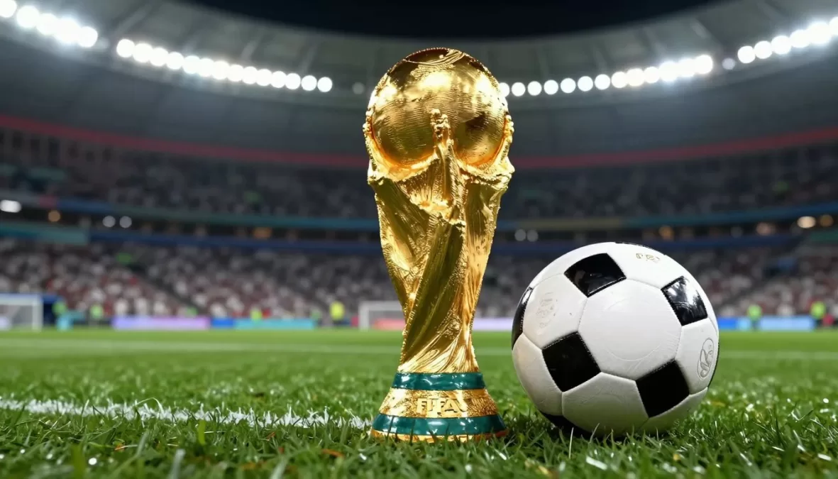 FIFA World Cup 2026 trophy with soccer ball on pitch during tournament opening