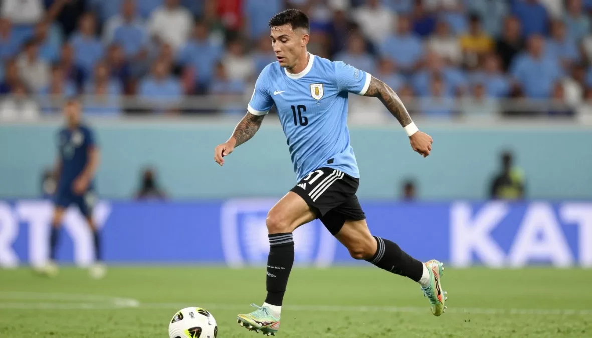 Federico Valverde running with soccer ball in Uruguay light blue jersey
