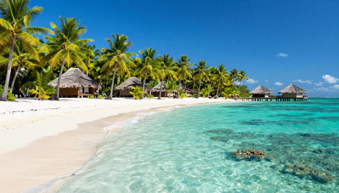 Fiji palm-fringed beach with crystal clear turquoise water and coral reef