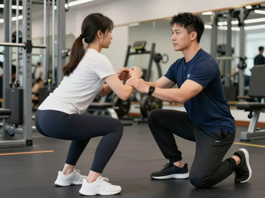 Fitness trainer demonstrating proper squat form to beginner in gym