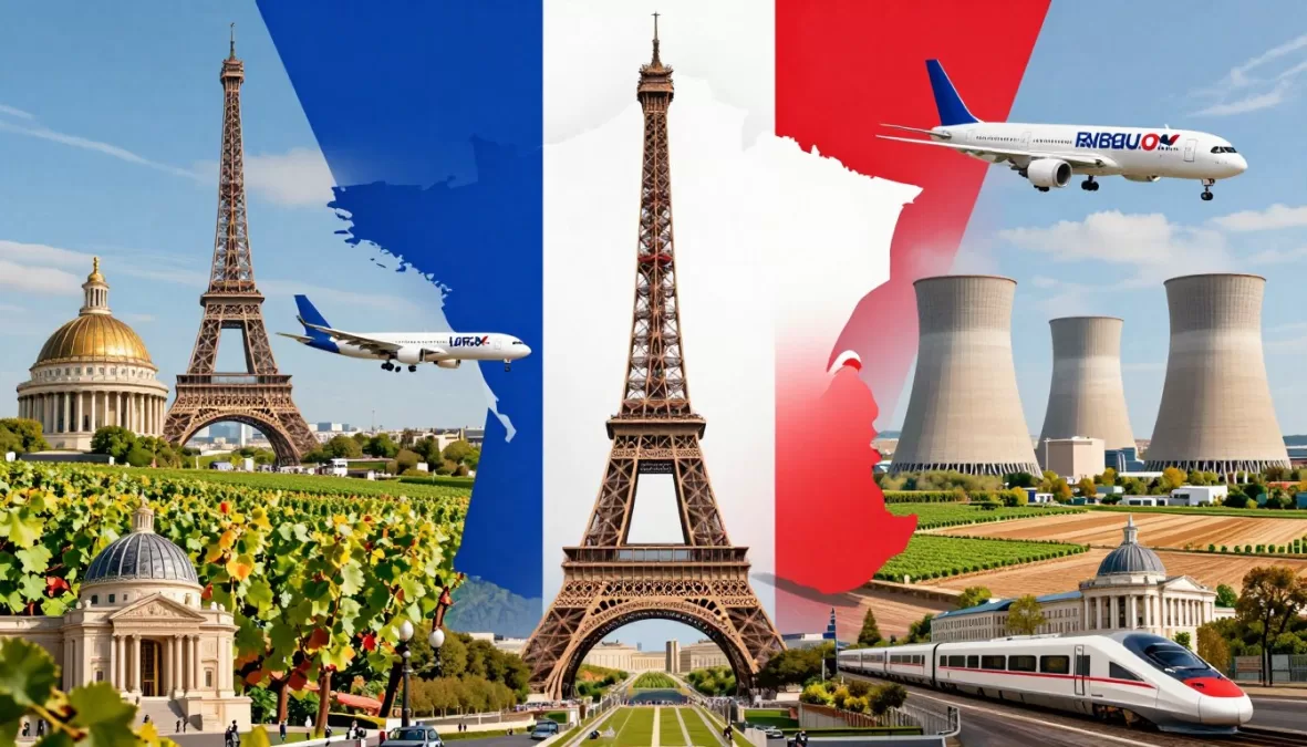 France economy showing luxury goods industry, aerospace sector, tourism, and nuclear energy infrastructure