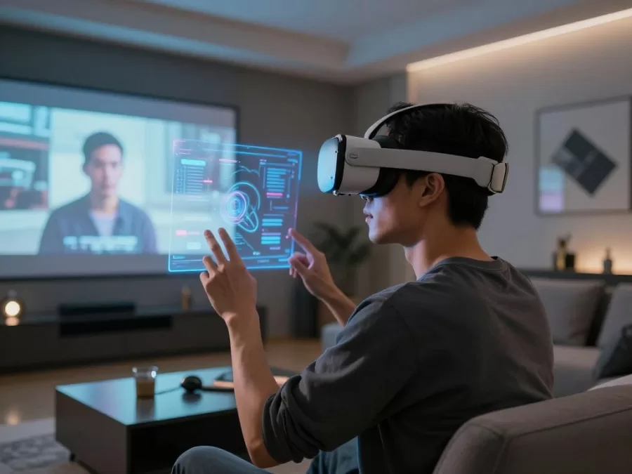 Future entertainment technology showing virtual reality and augmented reality experiences