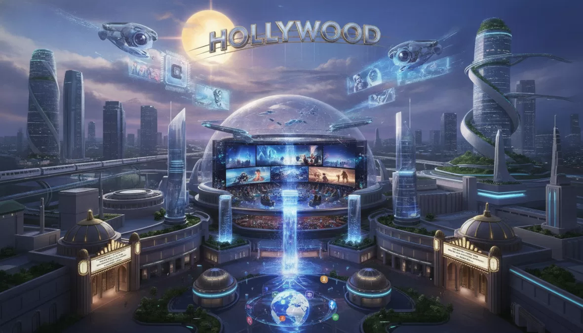 Future of Hollywood entertainment industry with emerging technology and traditional filmmaking