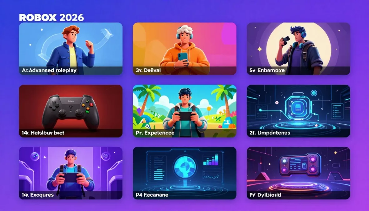 Futuristic Roblox gaming trends visualization showing emerging technologies and popular genres