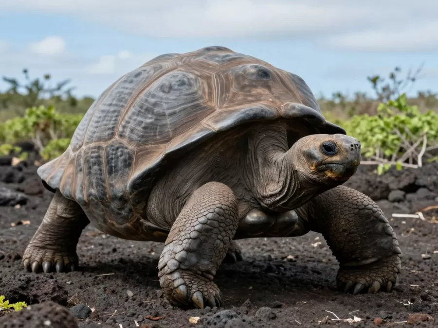 Galapagos giant tortoise on volcanic island showing massive size and dome-shaped shell