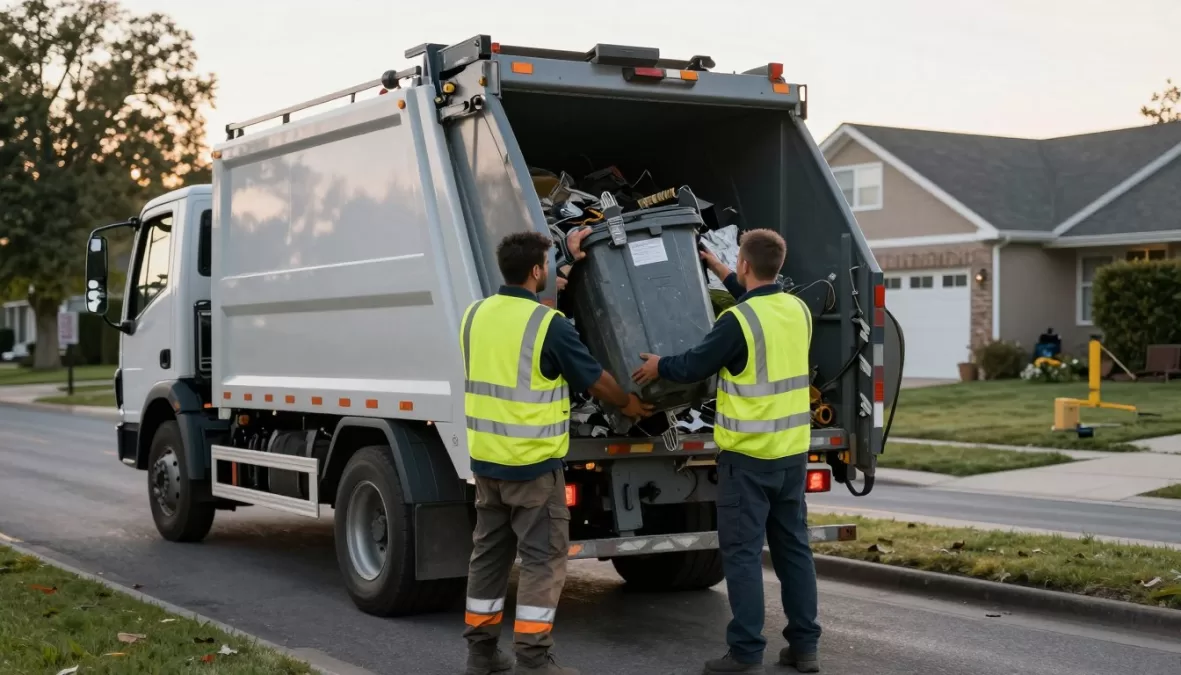 Garbage collectors working on residential street
