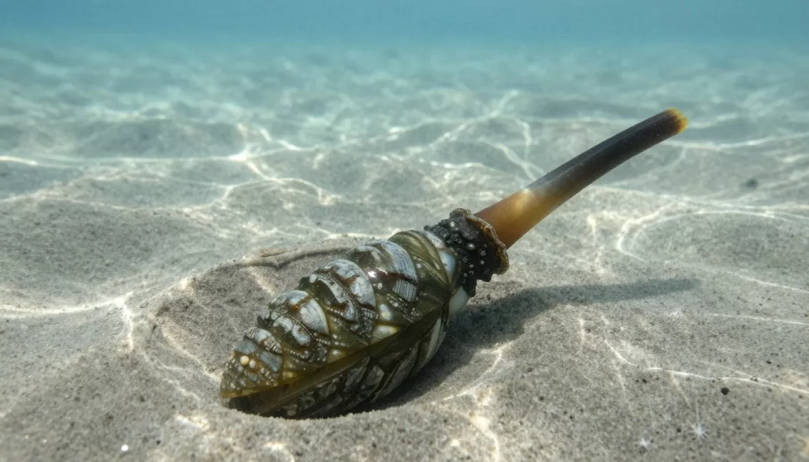 Geoduck clam showing extended siphon on sandy ocean floor
